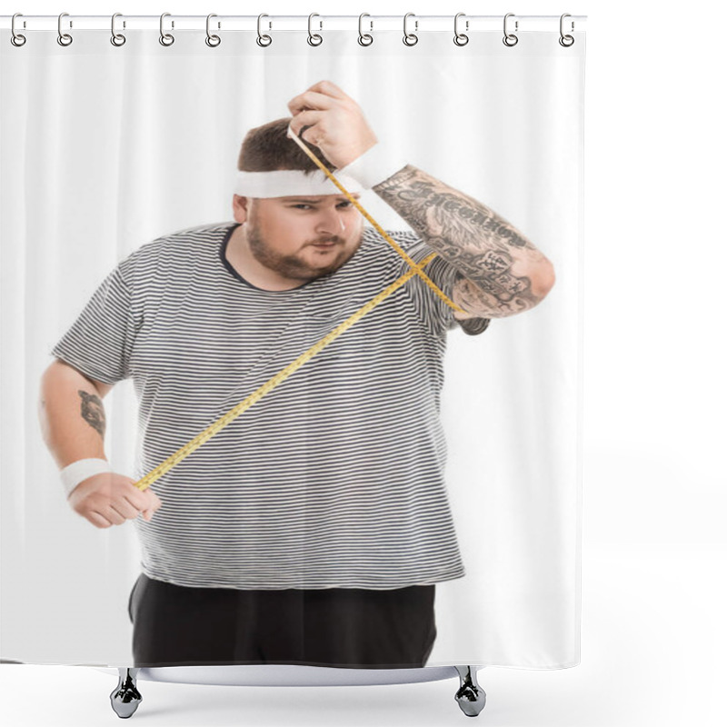 Personality  Man Measuring Biceps Volume With Tape Shower Curtains