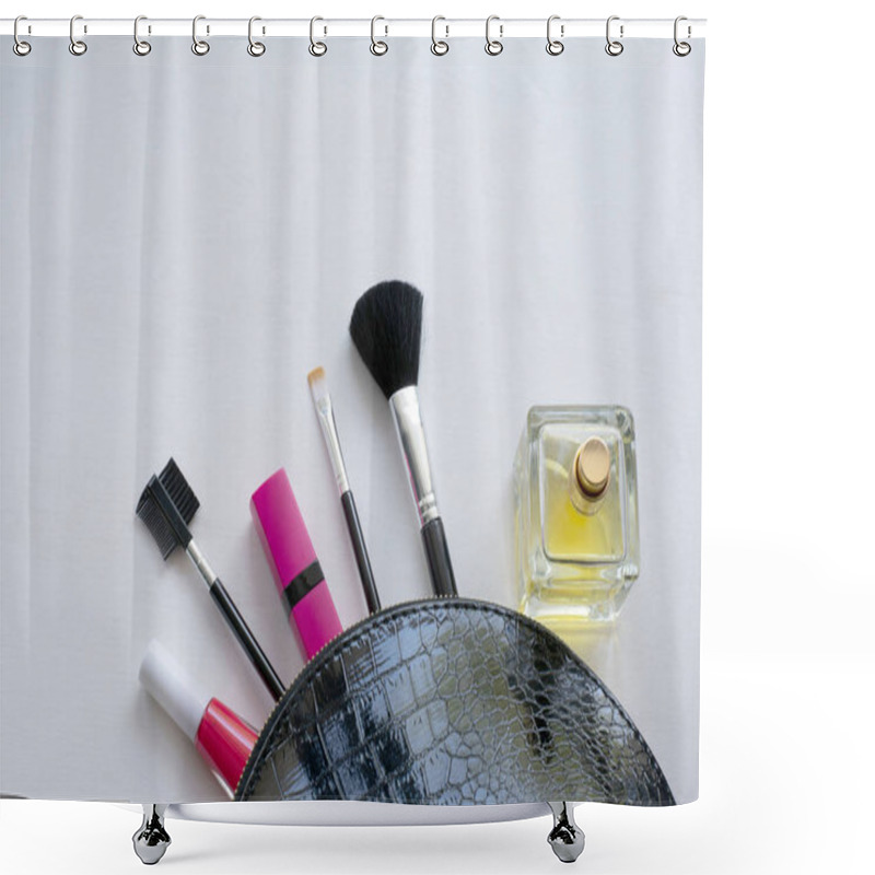 Personality  Professional Make-up Cosmetic Brushes On A White Background. The Concept Of Beauty And Fashion. Top View Flat Lay. Copyspace Shower Curtains