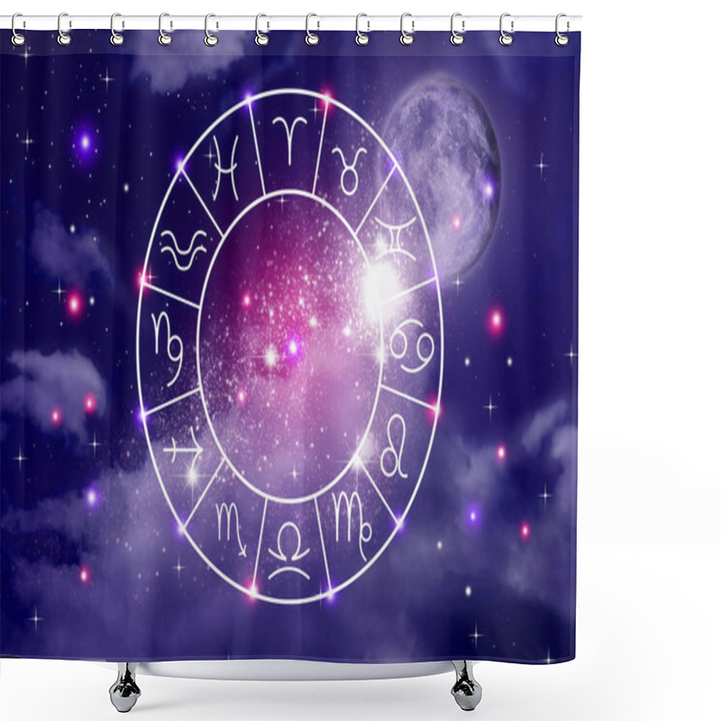 Personality  Zodiac Wheel Showing 12 Signs Against Night Sky Shower Curtains