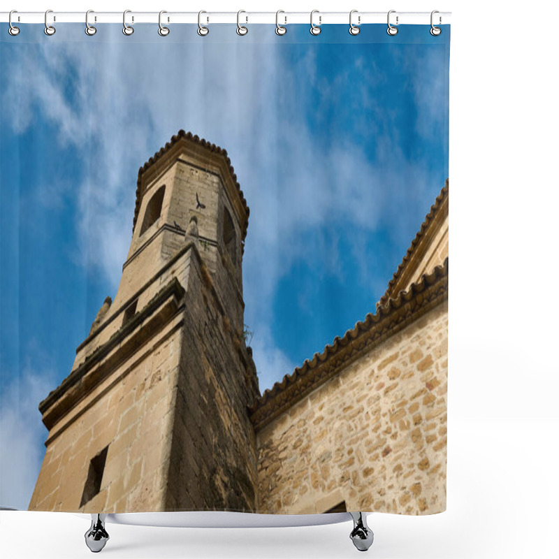 Personality  A Historic Stone Tower Rises Against A Vivid Blue Sky, Showcasing Ancient Architecture And Heritage. Shower Curtains