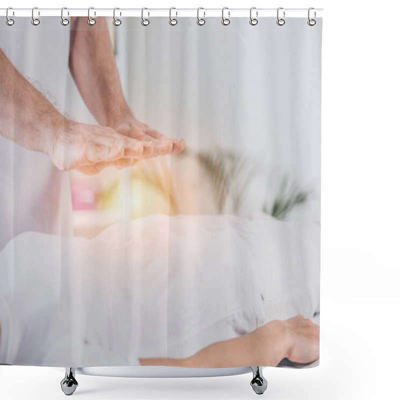 Personality  Cropped Shot Of Male Healer Doing Reiki Treatment Session To Woman  Shower Curtains