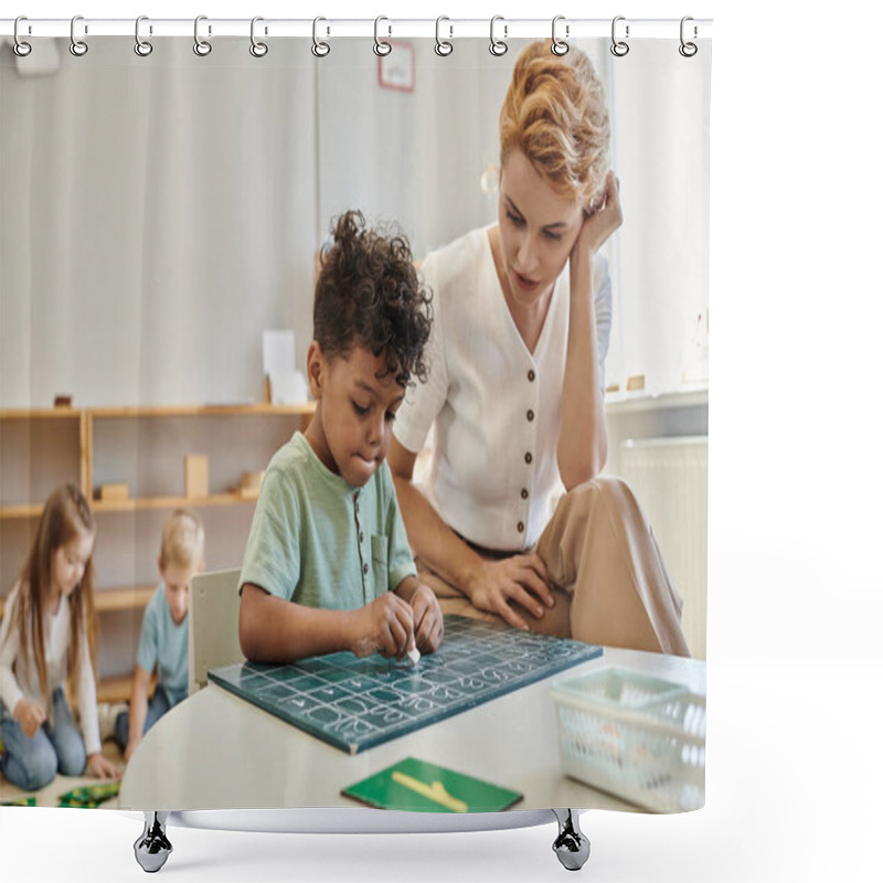 Personality  Teacher Talking To African American Boy Writing On Chalkboard, Counting, Learning Through Play Shower Curtains