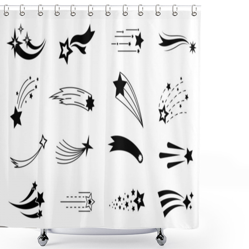 Personality  Meteor Icon. Shooting Star Silhouette. Black Space Comet With Trail. Falling Abstract Fantasy Meteorite. Firework Flashes. Starlight Mockup. Vector Night Sky And Cosmos Elements Set Shower Curtains