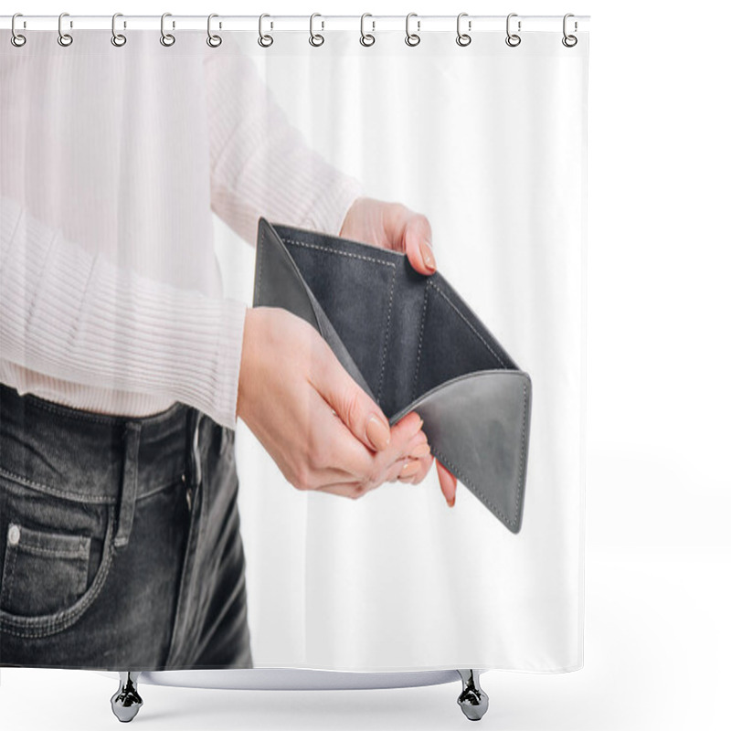 Personality  Cropped Image Of Woman Opening Empty Black Purse Isolated On White Shower Curtains