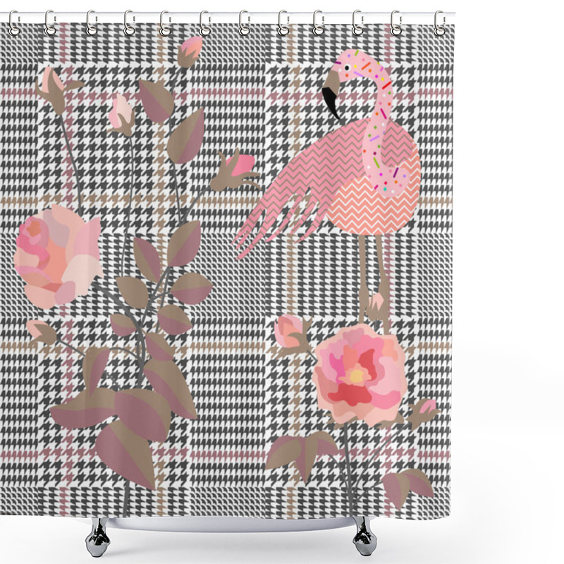 Personality  Trendy Checkered  Print With Embroidered Roses And Pink Flamingo. Seamless Hounds Tooth Pattern With English Motifs.  Shower Curtains