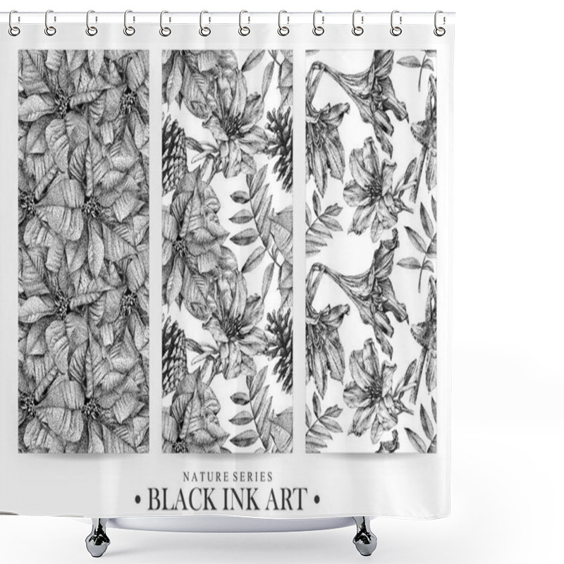 Personality   Set Of Seamless Patterns With Dotted Flowers, Birds And Plants Drawn By Hand With Black Ink Shower Curtains