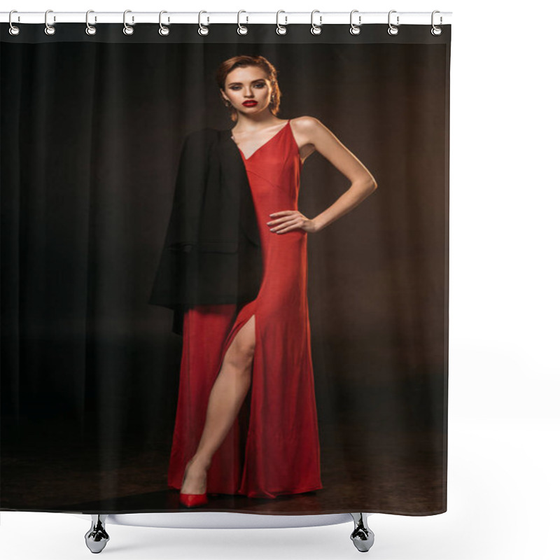 Personality  Attractive Girl In Red Dress And Black Jacket On One Shoulder Posing Isolated On Black Shower Curtains