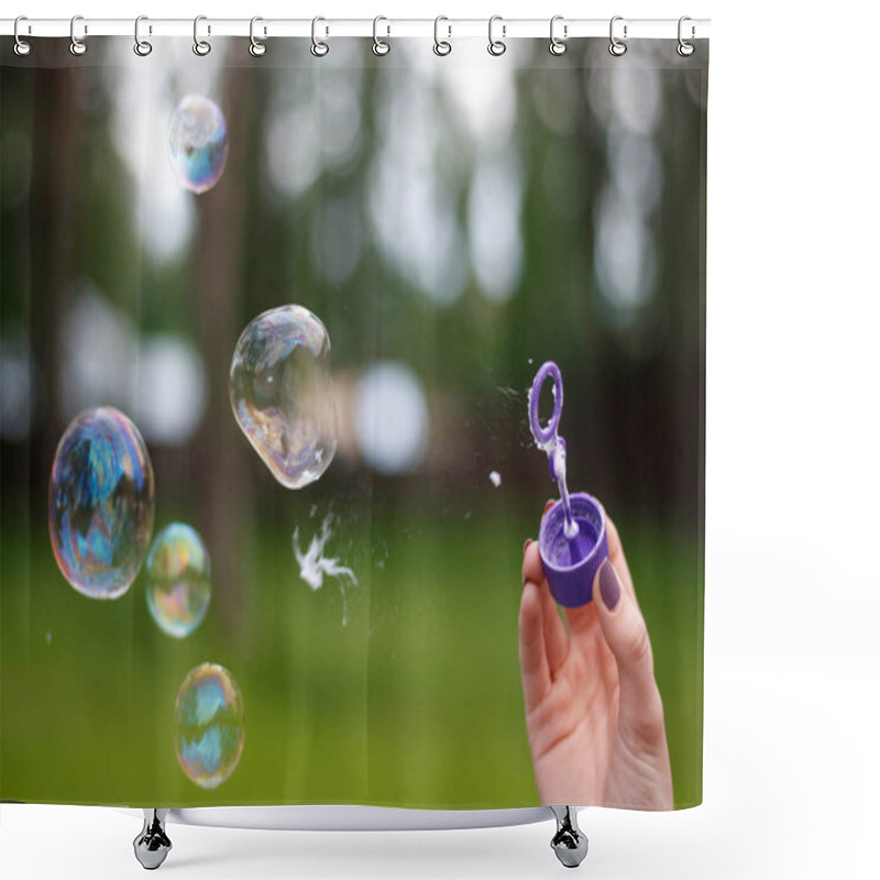 Personality  A Man Blows Soap Bubbles. Close Up Shower Curtains