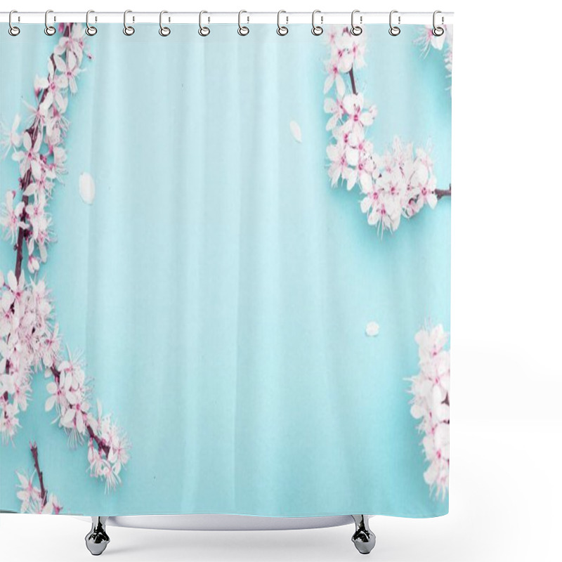 Personality  Sakura Blossom Flowers And May Floral Nature On Blue Background. For Banner, Branches Of Blossoming Cherry Against Background. Dreamy Romantic Image, Landscape Panorama, Copy Space Shower Curtains