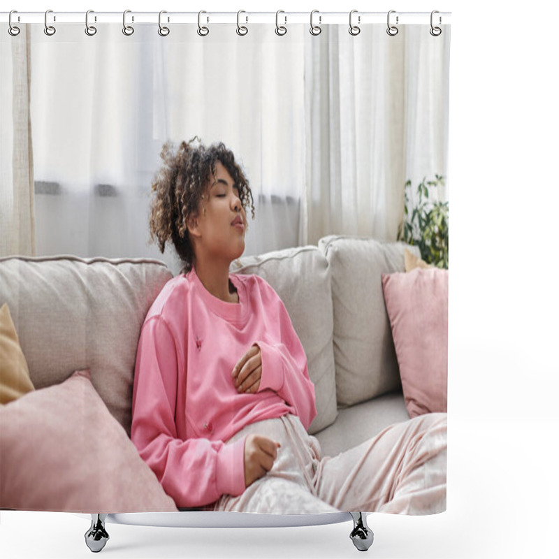 Personality  A Young Woman Relaxes Thoughtfully On A Comfortable Couch, Embracing Tranquility. Shower Curtains