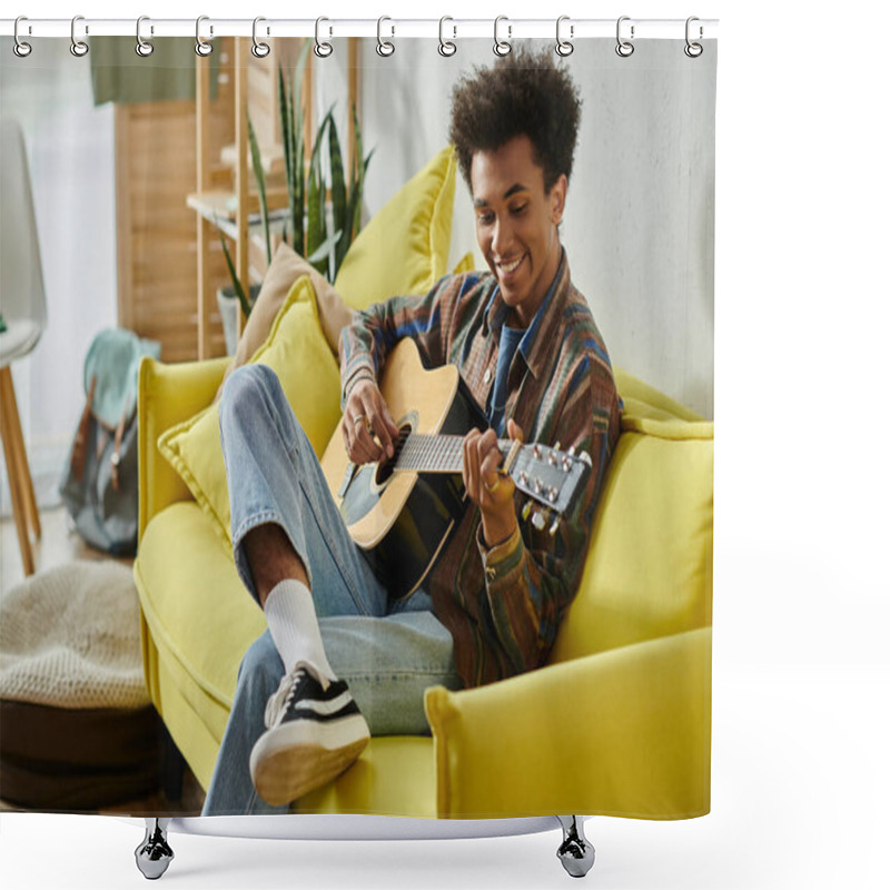 Personality  A Young Man Strums An Acoustic Guitar While Seated On A Vibrant Yellow Couch. Shower Curtains