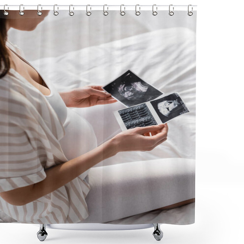 Personality  Partial View Of Pregnant Woman Holding Ultrasound Scans  Shower Curtains