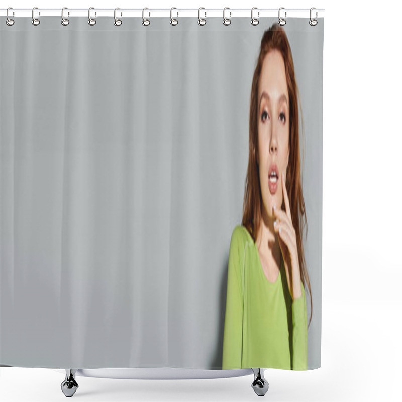 Personality  A Red Haired Woman Poses Elegantly In A Striking Outfit, Exuding Confidence. Shower Curtains