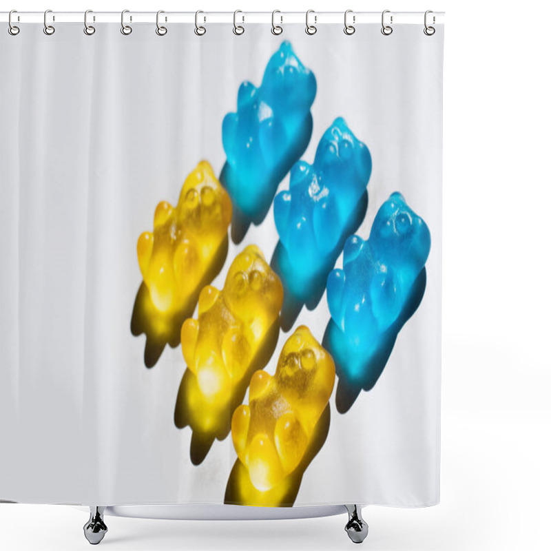 Personality  High Angle View Of Yellow And Blue Gummy Bears On White Background  Shower Curtains