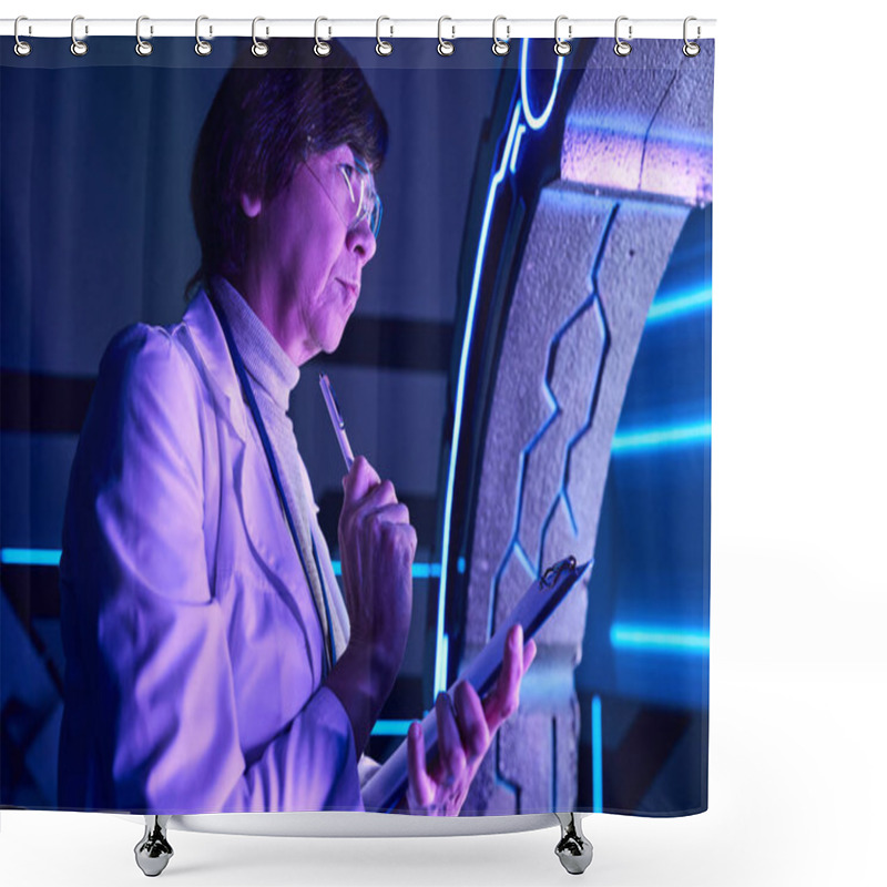 Personality  Future Technologies, Thoughtful Female Scientist With Pen Exploring Experimental Equipment Shower Curtains