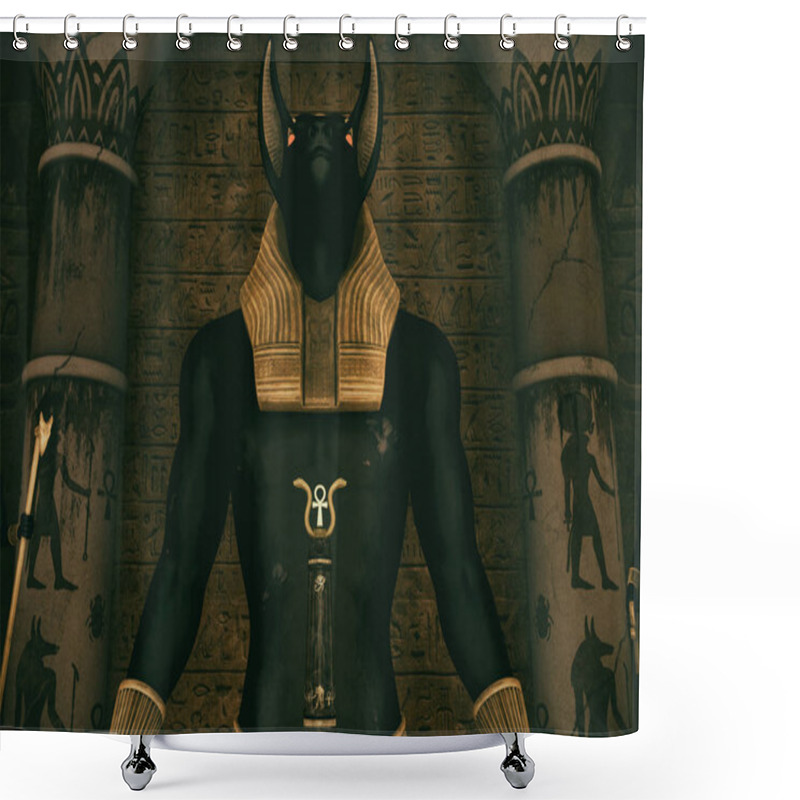 Personality  A Scene With A Close-up View Of A Huge Statue Of The Egyptian God Anubis. Shower Curtains