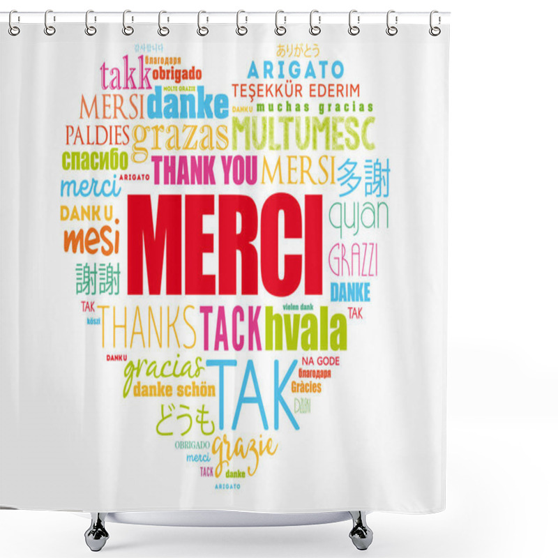 Personality  Merci (Thank You In French) Love Heart Word Cloud In Different Languages Shower Curtains