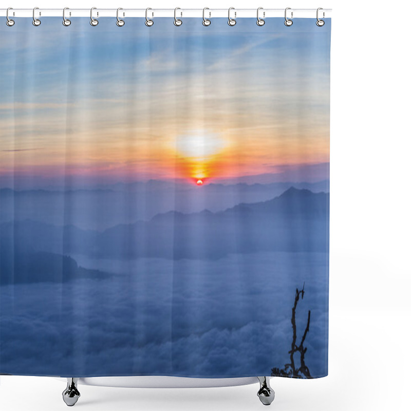 Personality  Sunrise Behind Mountains With Mist Shower Curtains