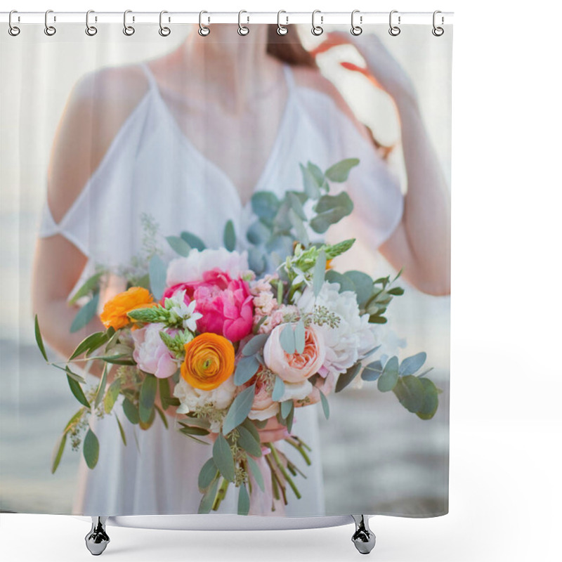 Personality  Bride Holds Wedding Bouquet With Beautiful Flowers And Pink Silk Ribbons. Young Woman With Flowers Standing Near Sea Shower Curtains