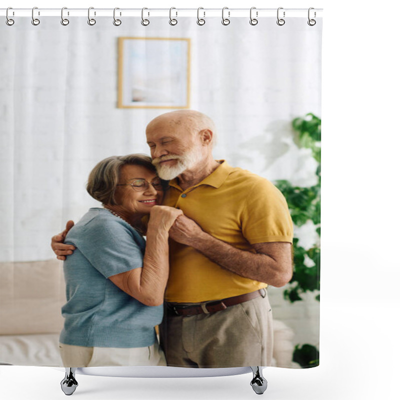 Personality  In A Cozy Home, A Caring Wife Lovingly Embraces Her Husband, Managing Diabetes Together. Shower Curtains