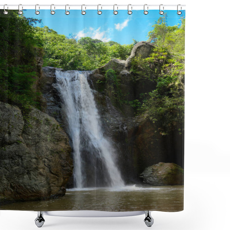 Personality  The Photo Shows A Huge Waterfall. Below Is A Perfectly Clear Water Mirror. The Area Is Full Of Tropical Greenery. The Waterfall Is Photographed In The Dominican Republic. Shower Curtains