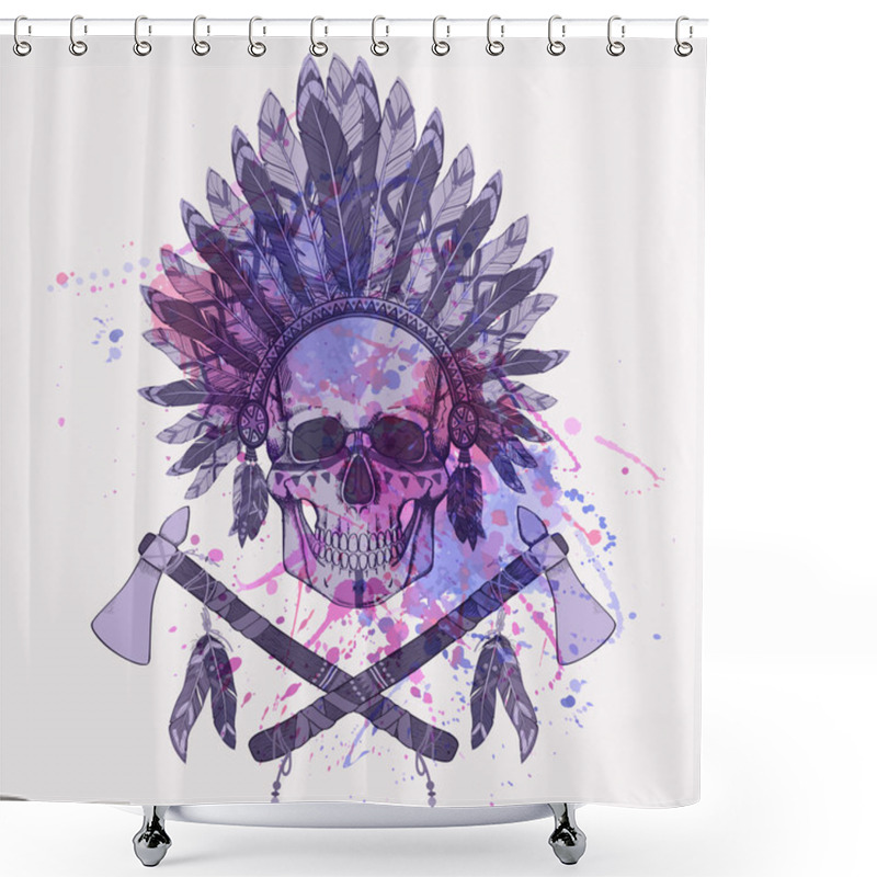 Personality  Vector Grunge Illustration Of Human Skull In Native American Indian Chief Headdress, Tomahawks With Watercolor Splash Shower Curtains