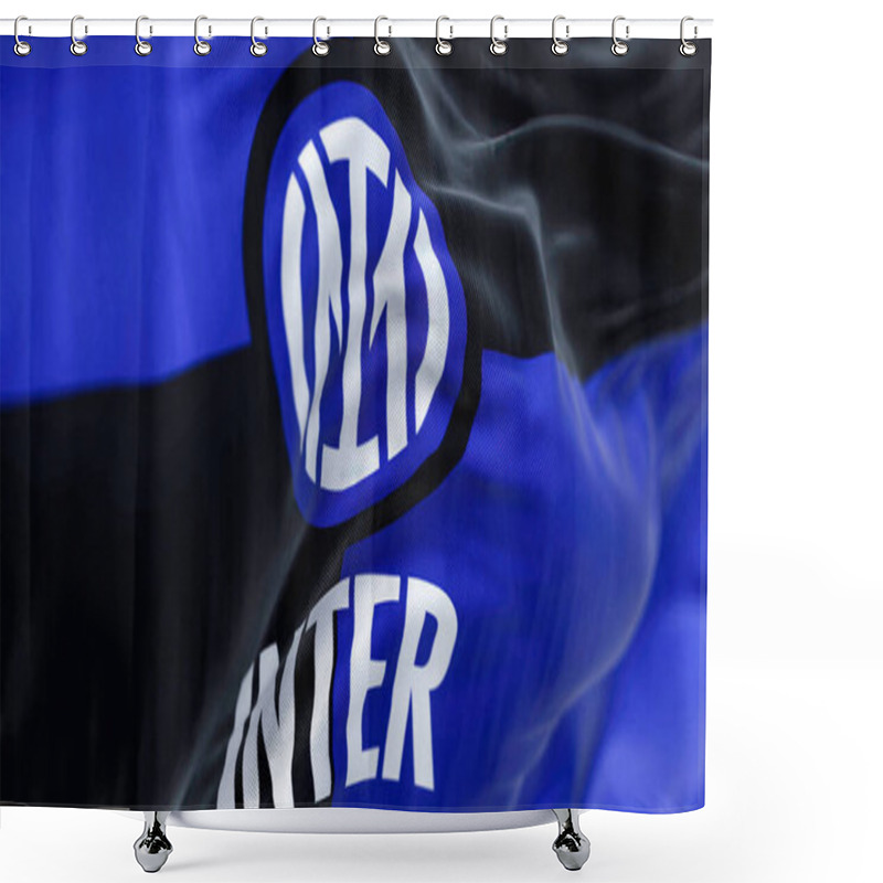 Personality  Milan, Italy, July 2022: The Flag Of Inter Football Club Waving In The Wind. Inter Is A Professional Football Club Based In Milan, Italy Shower Curtains