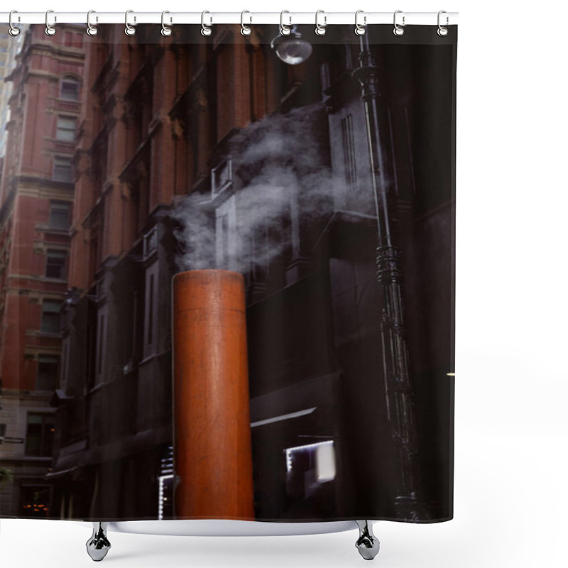 Personality  Steaming Ventilation Pipe On Street Near Stone Buildings On Blurred Background In New York City Shower Curtains