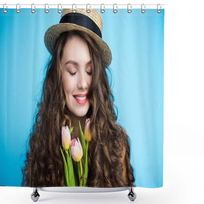 Personality  Happy Young Woman With Long Curly Hair In Canotier Hat Holding Beautiful Tulips Shower Curtains