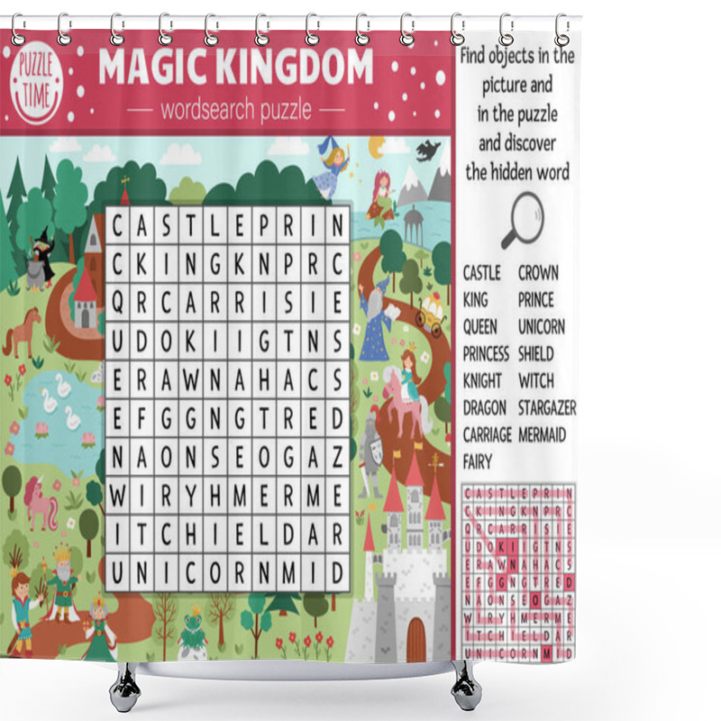 Personality  Vector Fairytale Wordsearch Puzzle For Kids. Simple Magic Kingdom Crossword With Fantasy Creatures For Children. Activity With Knight, Castle, Princess, Unicorn. Fairy Tale Cross Wor Shower Curtains