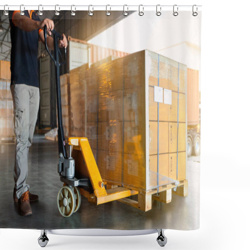 Personality  Workers Using Hand Pallet Jack Unloading Package Boxes Into Cargo Container. Delivery Shipment Boxes. Trucks Loading At Dock Warehouse. Supply Chain. Warehouse Shipping Transport And Logistics. Shower Curtains