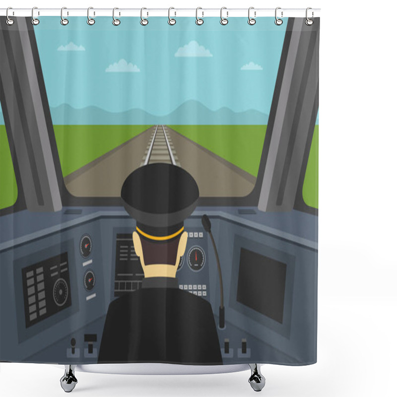 Personality  Train Driver Sitting In Cabin Of A Modern Train. Interior Control Place Of Train. Inside View. Flat Vector Illustration Of Dashboard.  Shower Curtains