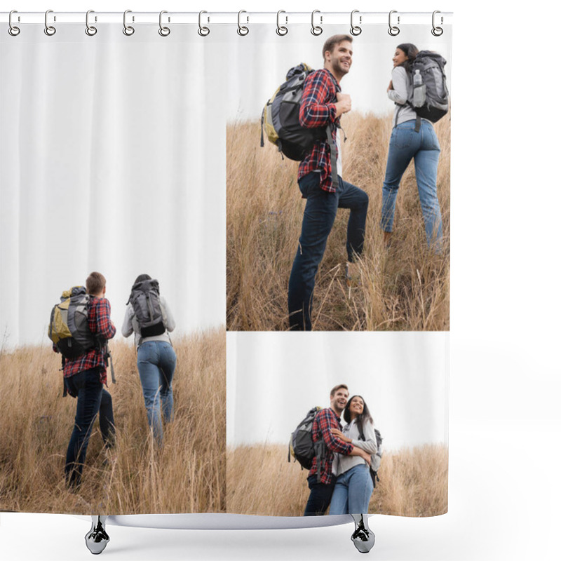 Personality  Collage Of Smiling Multiethnic Couple Walking With Backpacks On Grassy Hill  Shower Curtains