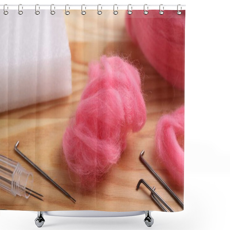 Personality  Pink Felting Wool And Needles On Wooden Table, Closeup Shower Curtains