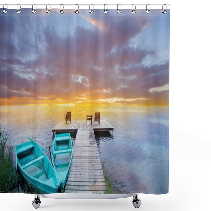 Personality  Boats, Jetty And Beautiful Colourful Sunset Shower Curtains