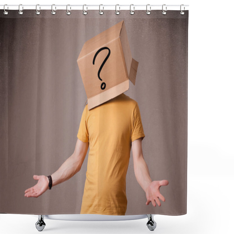 Personality  Young Man Gesturing With A Cardboard Box On His Head With Questi Shower Curtains