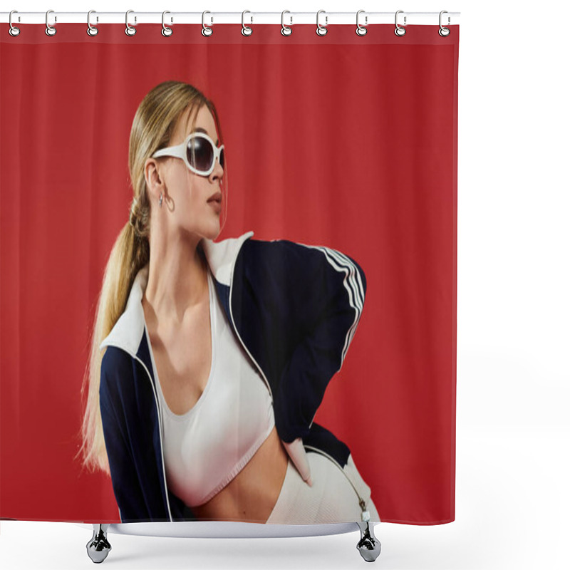 Personality  A Beautiful Athlete Showcases Her Emotions While Dressed In Sporty Attire Against A Vivid Backdrop. Shower Curtains