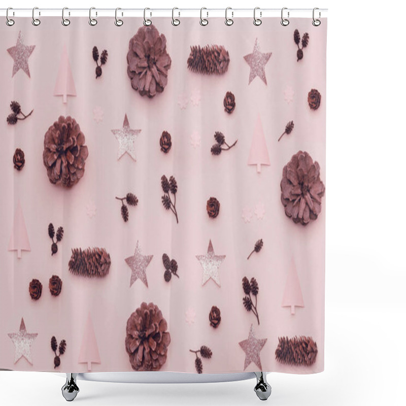 Personality  Christmas Composition. Pattern Made Of Christmas Pine Cones, Shiny Stars And Xmas Trees On Pastel Pink Background. Flat Lay, Top View. Shower Curtains