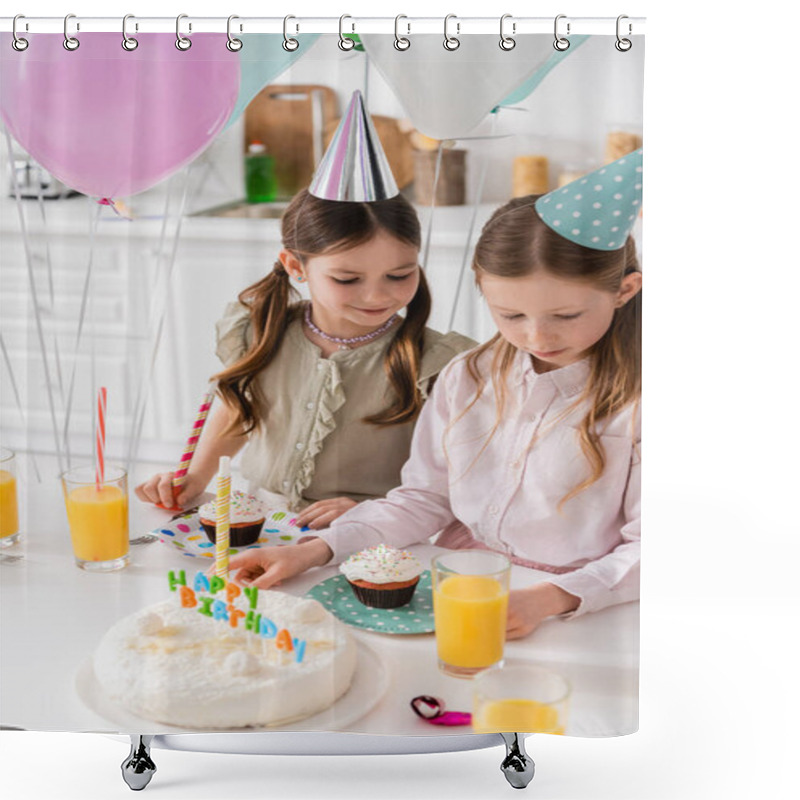 Personality  Preteen Girls In Party Caps Looking At Birthday Cake And Cupcakes On Table  Shower Curtains