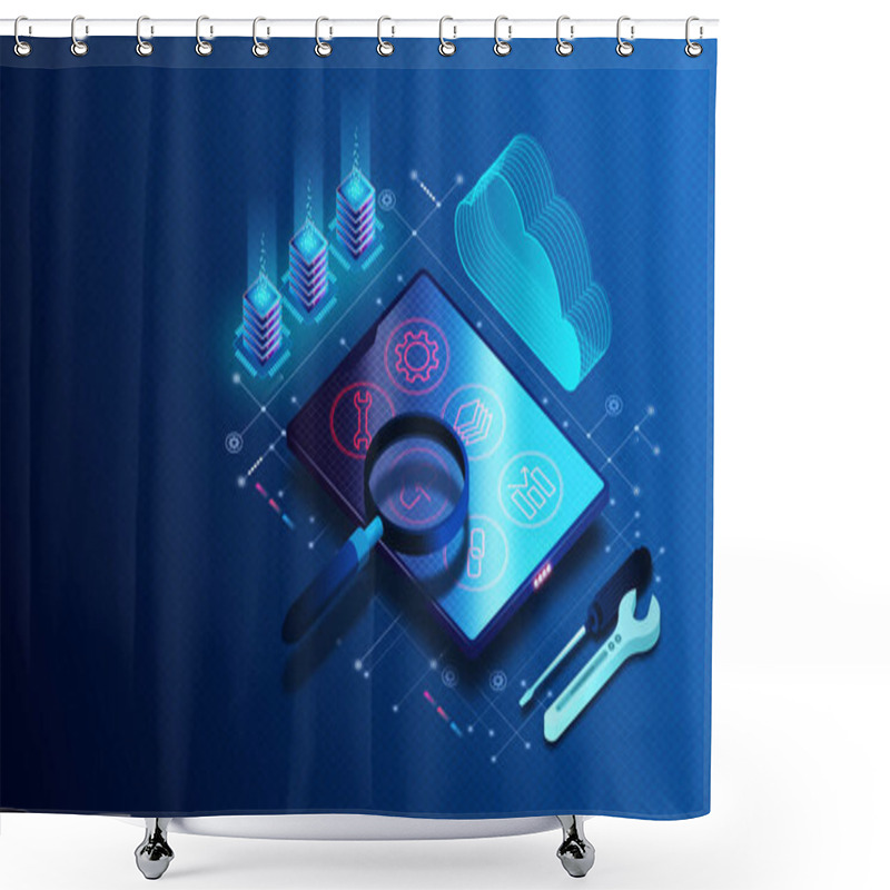 Personality  Software Application Testing Concept - Process Of Testing Software Applications With Tools And Automation Frameworks To Identify Errors - 3D Illustration Shower Curtains