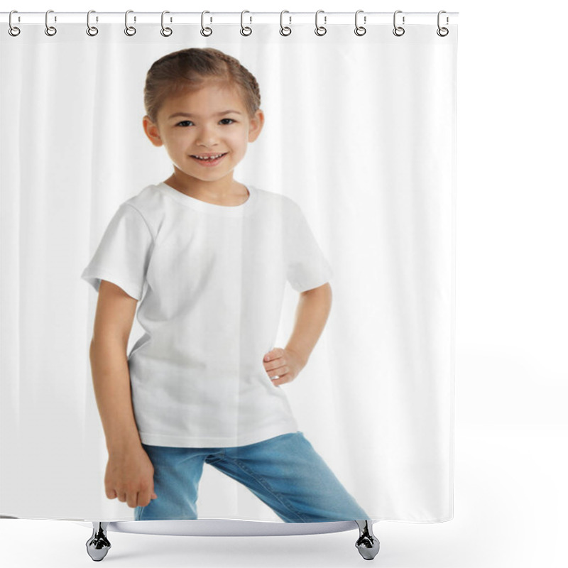 Personality  Little Girl In T-shirt On White Background. Mockup For Design Shower Curtains