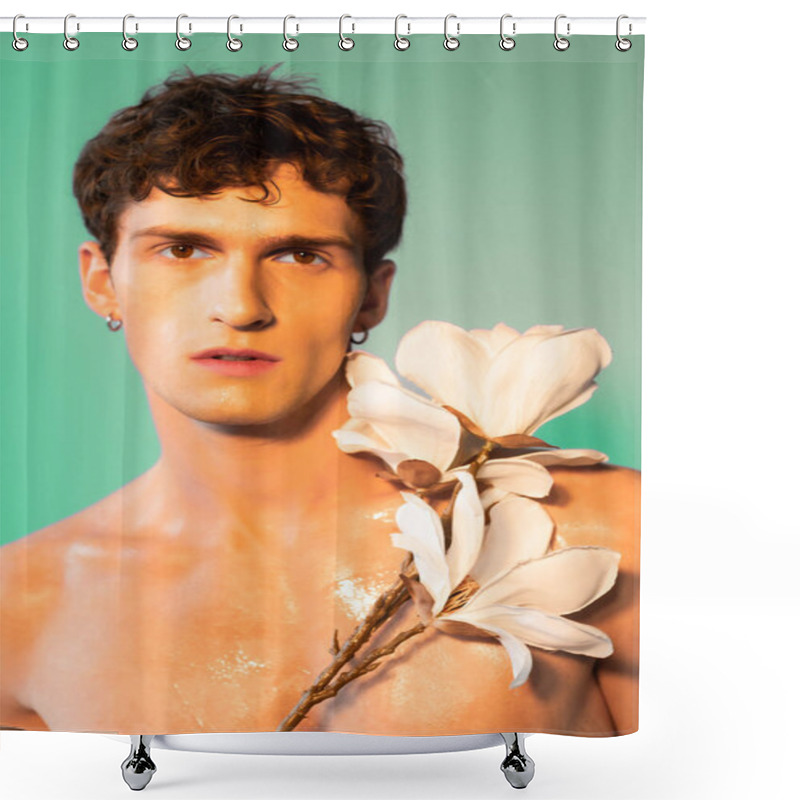 Personality  Young Model With Oil On Skin Posing With Magnolia Branch On Green Background  Shower Curtains