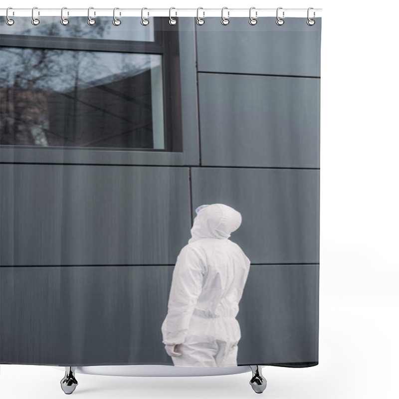 Personality  Back View Of Epidemiologist In Hazmat Suit Standing Outside And Looking In Window Of Building Shower Curtains