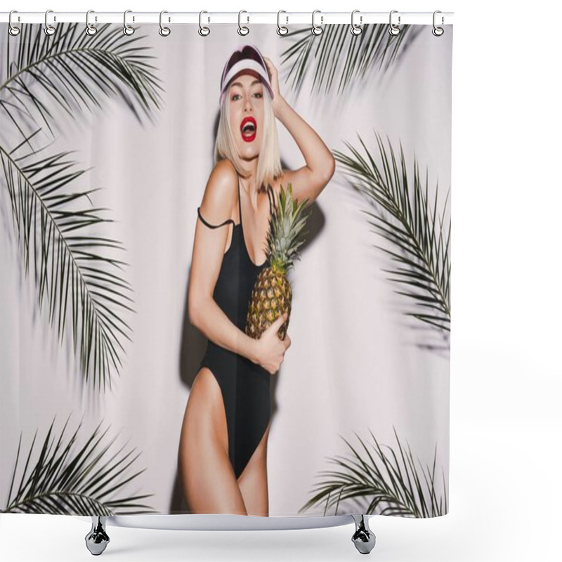 Personality  Girl With Blonde Hair Wearing Black Swimming Suit And Cap Standing With Pineapple On White Studio Background With Palm Leaves Shower Curtains