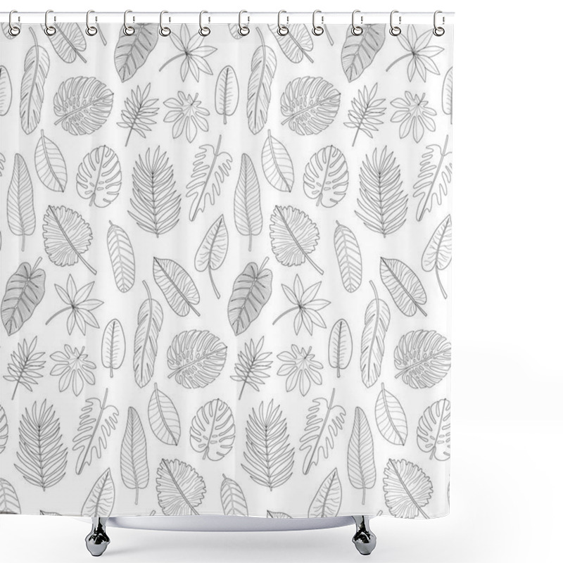 Personality  Leaves Of Tropical Plants Black And White Outline Seamless Pattern Shower Curtains