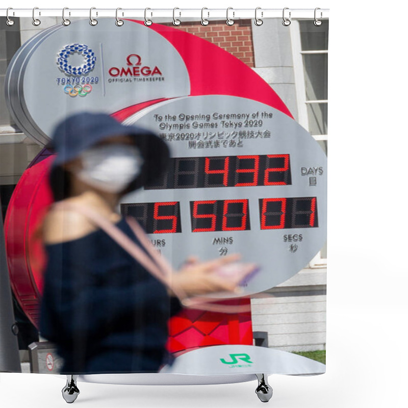 Personality  Tokyo, Japan, May 18, 2020 - A Woman Wearing A Face Mask Walks Past A Countdown Clock Showing 432 Days Ahead Tokyo Olympics 2020. Shower Curtains