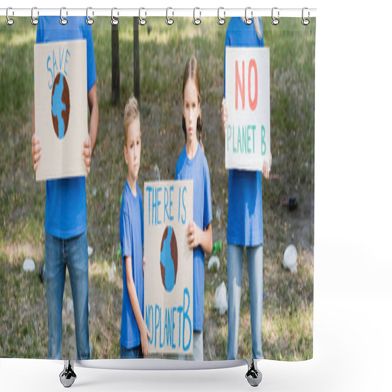 Personality  Family Of Activists Holding Placards With Globe And There Is No Planet B Inscription, Ecology Concept, Banner Shower Curtains