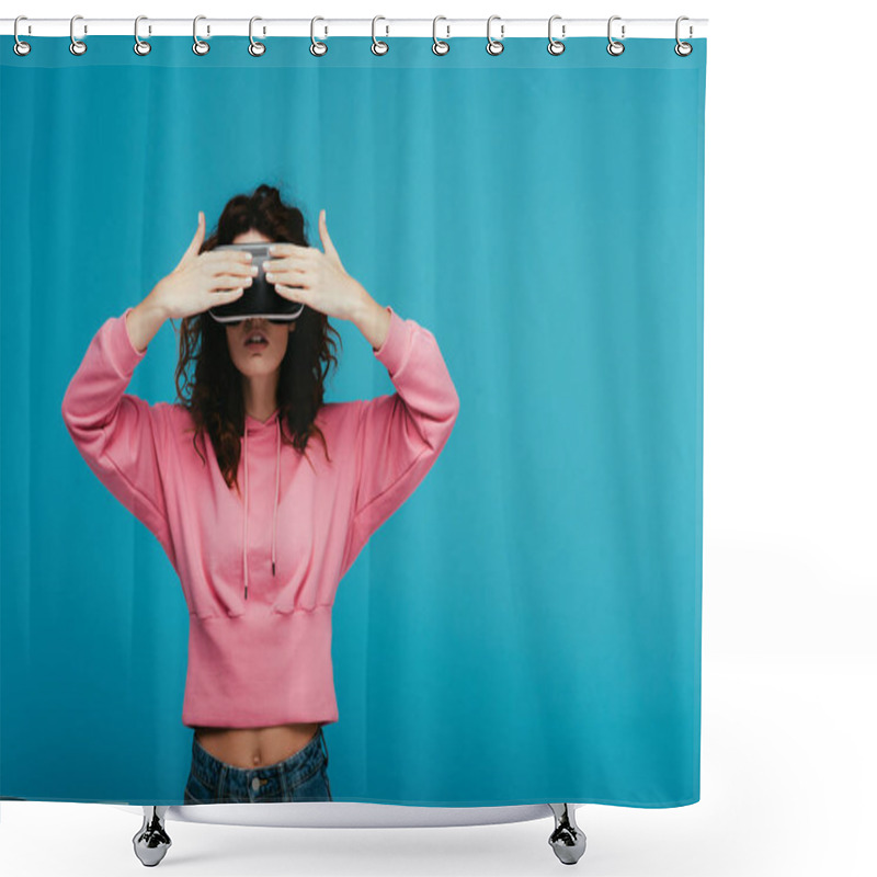 Personality  Curly Girl Wearing Virtual Reality Headset While Covering Eyes On Blue  Shower Curtains