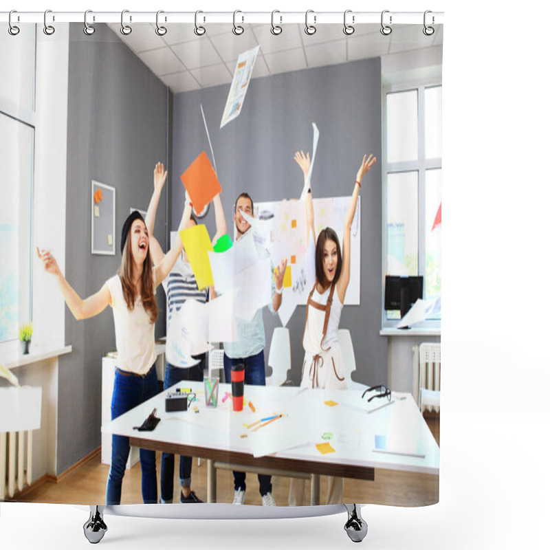 Personality  Successful Business Team Celebrating With Arms Up Shower Curtains