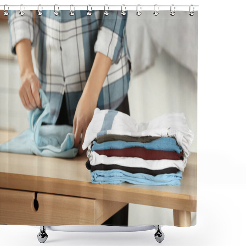 Personality  Stack Of Laundry And Woman Folding Clothes On Table Indoors Shower Curtains